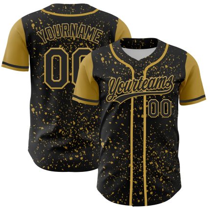 Custom Name and Number Personalized Baseball Jersey with Black and Gold 3D Pattern Splatter Design Personalized Black Old