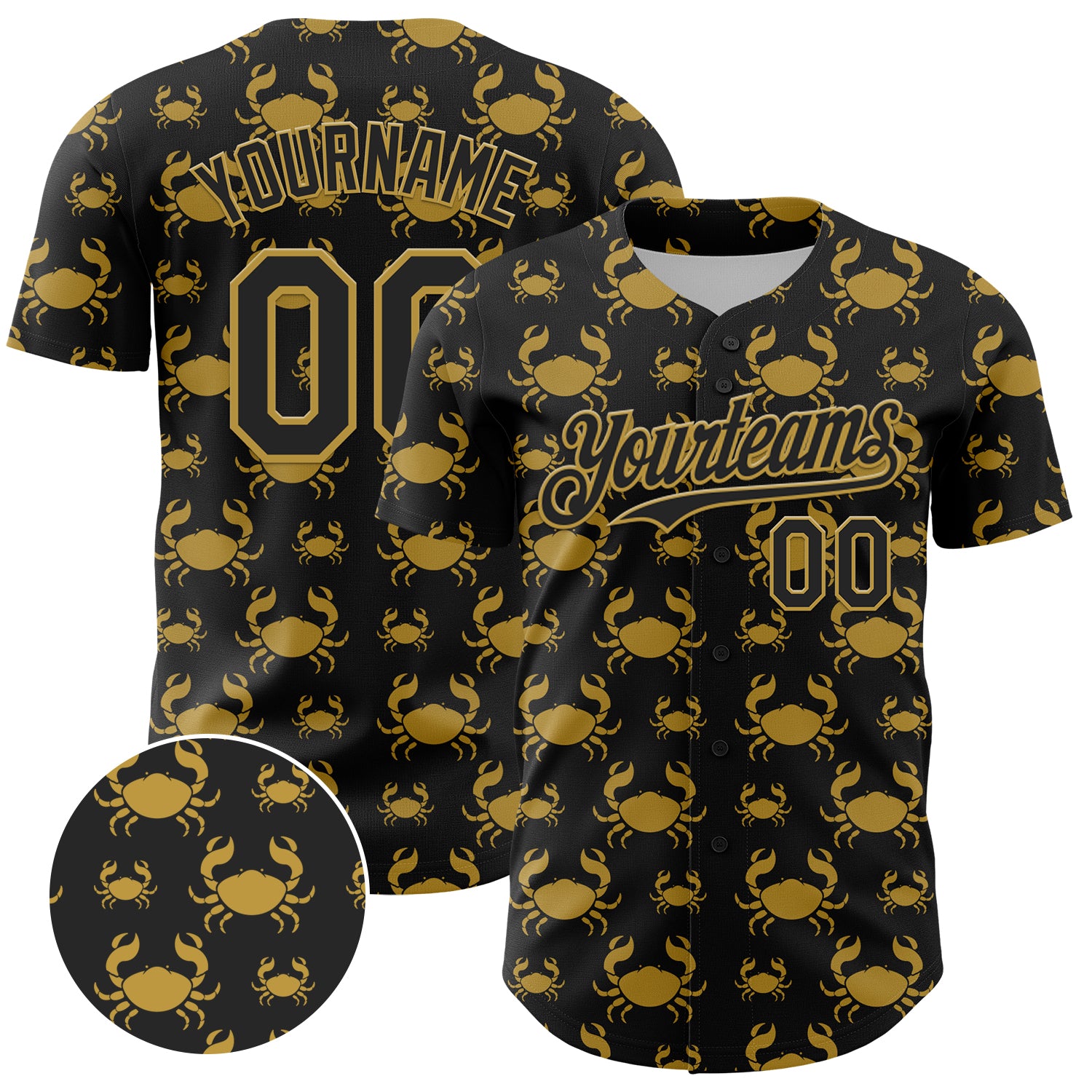 Custom Name and Number Black Gold 3D Crab Lemon Baseball Jersey - Personalized Authentic Design Personalized Black Old Gold