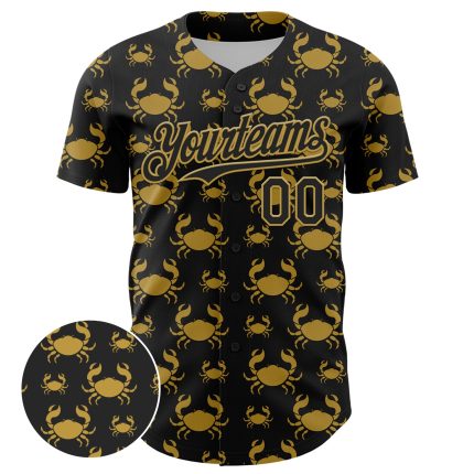 Custom Name and Number Black Gold 3D Crab Lemon Baseball Jersey - Personalized Authentic Design Personalized Black Old Gold