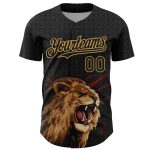 Personalized Lion 3D Pattern Baseball Jersey in Black and Old Gold - Authentic Design Personalized Black Old Gold 3D Pattern