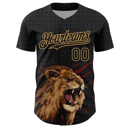 Personalized Lion 3D Pattern Baseball Jersey in Black and Old Gold - Authentic Design Personalized Black Old Gold 3D Pattern