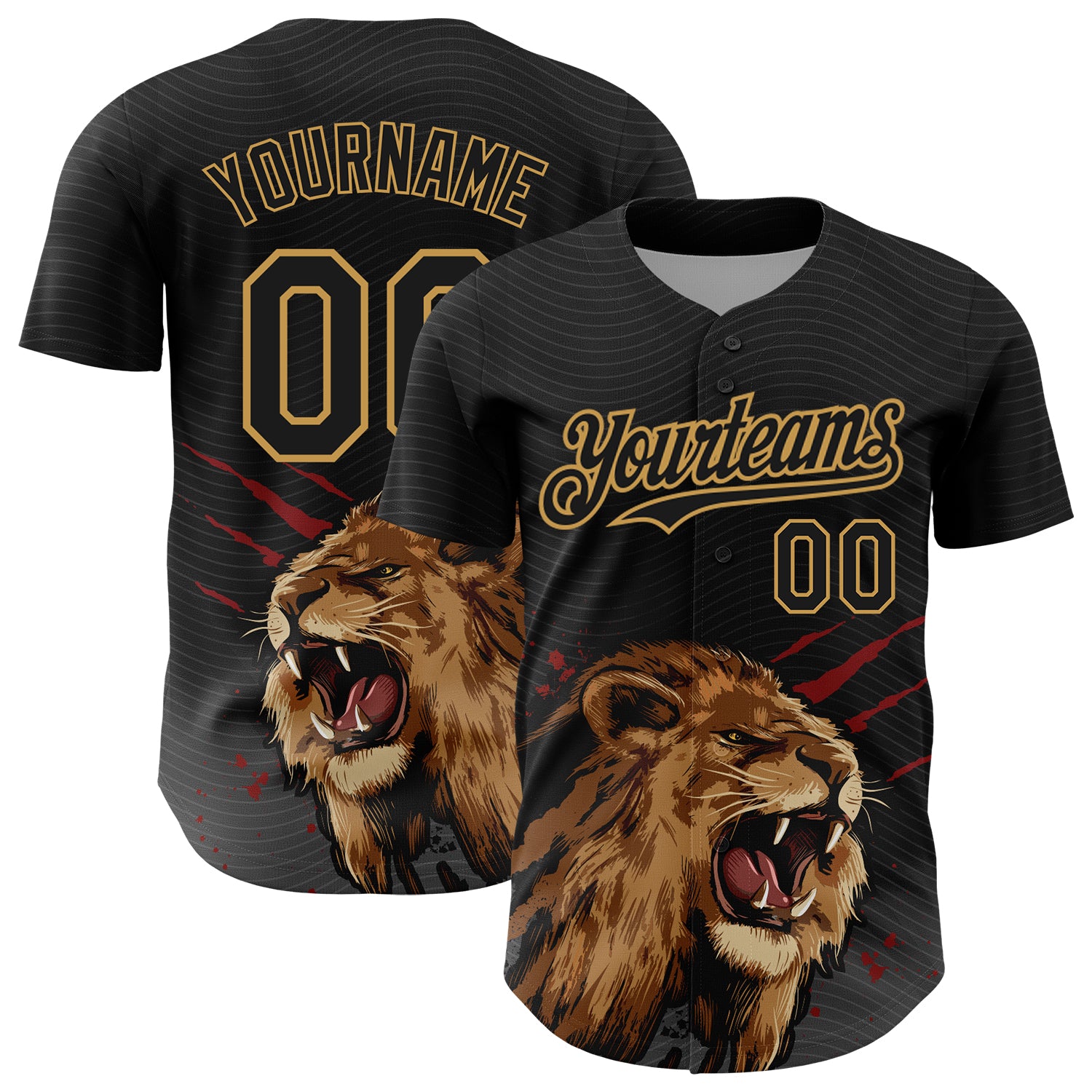 Custom Name and Number Animal Lion 3D Pattern Baseball Jersey - Personalized Black and Old Gold Team Design Personalized
