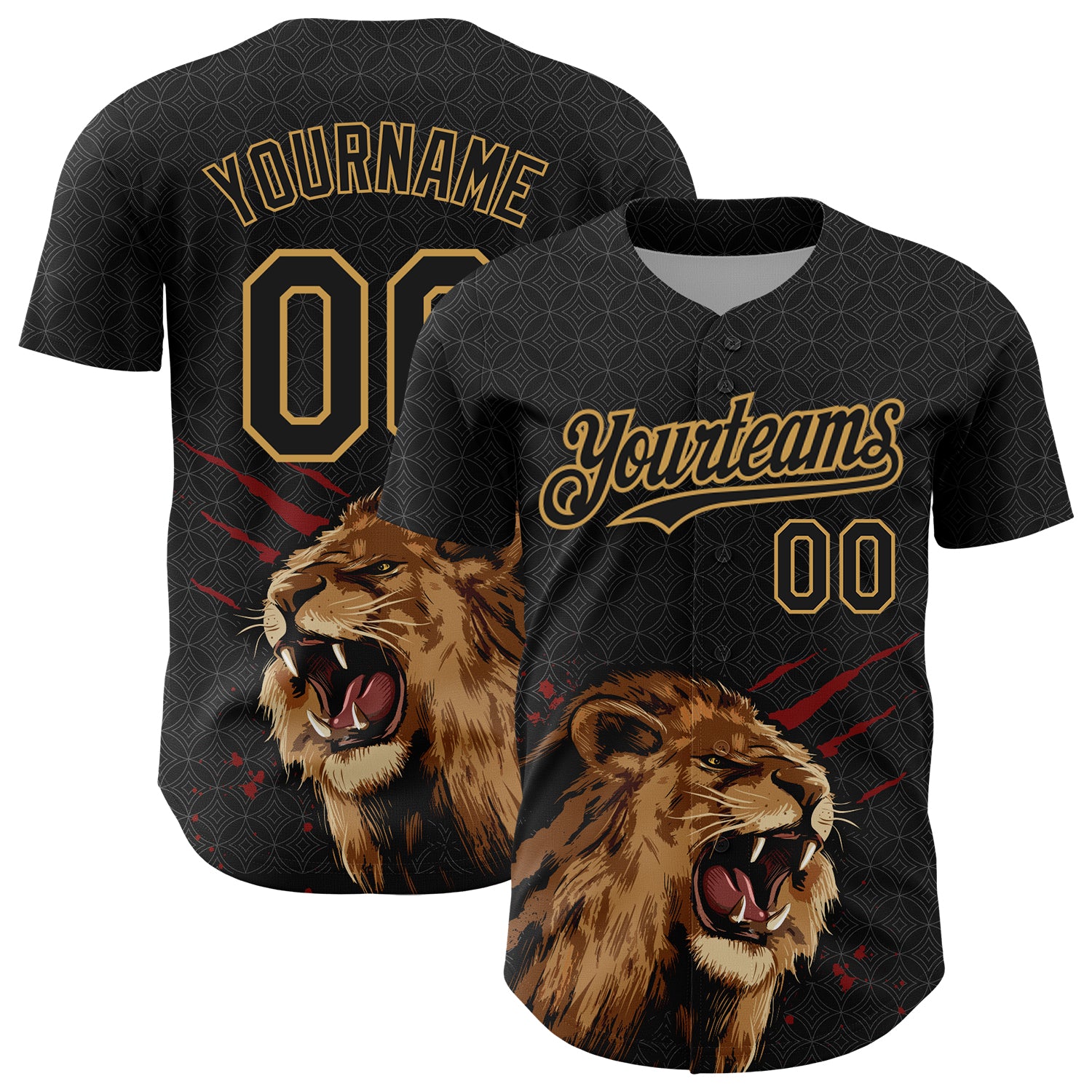 Personalized Lion 3D Pattern Baseball Jersey in Black and Old Gold - Authentic Design Personalized Black Old Gold 3D Pattern