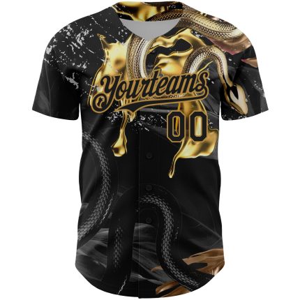 Custom Black Gold 3D Snake Pattern Baseball Jersey with Personalized Name and Number - Authentic Team Apparel Personalized