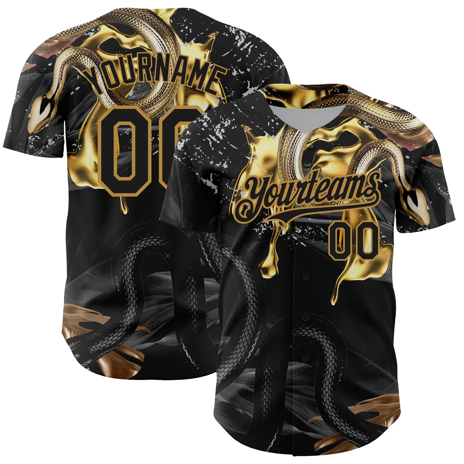 Custom Black Gold 3D Snake Pattern Baseball Jersey with Personalized Name and Number - Authentic Team Apparel Personalized