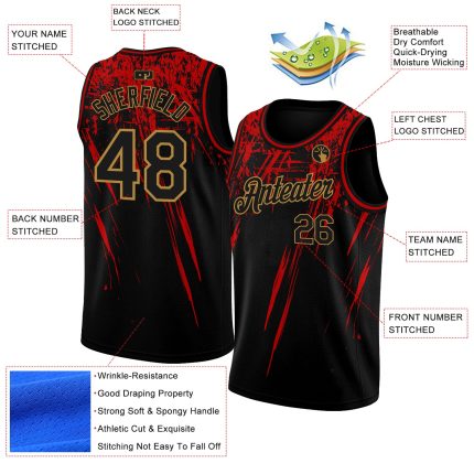 Custom Name & Number Basketball Jersey - Personalized Black & Gold 3D Pattern Design, Authentic Team Apparel Personalized