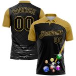 Custom Name and Number Polo Shirt for Billiards - Personalized Black and Old Gold 3D Pattern Design Performance Shirt Personalized