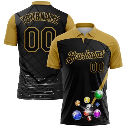 Custom Name and Number Polo Shirt for Billiards - Personalized Black and Old Gold 3D Pattern Design Performance Shirt Personalized
