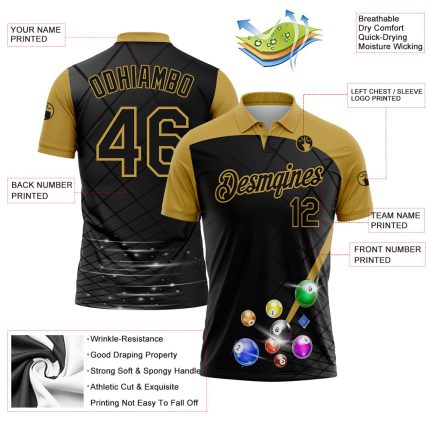 Custom Name and Number Polo Shirt for Billiards - Personalized Black and Old Gold 3D Pattern Design Performance Shirt Personalized