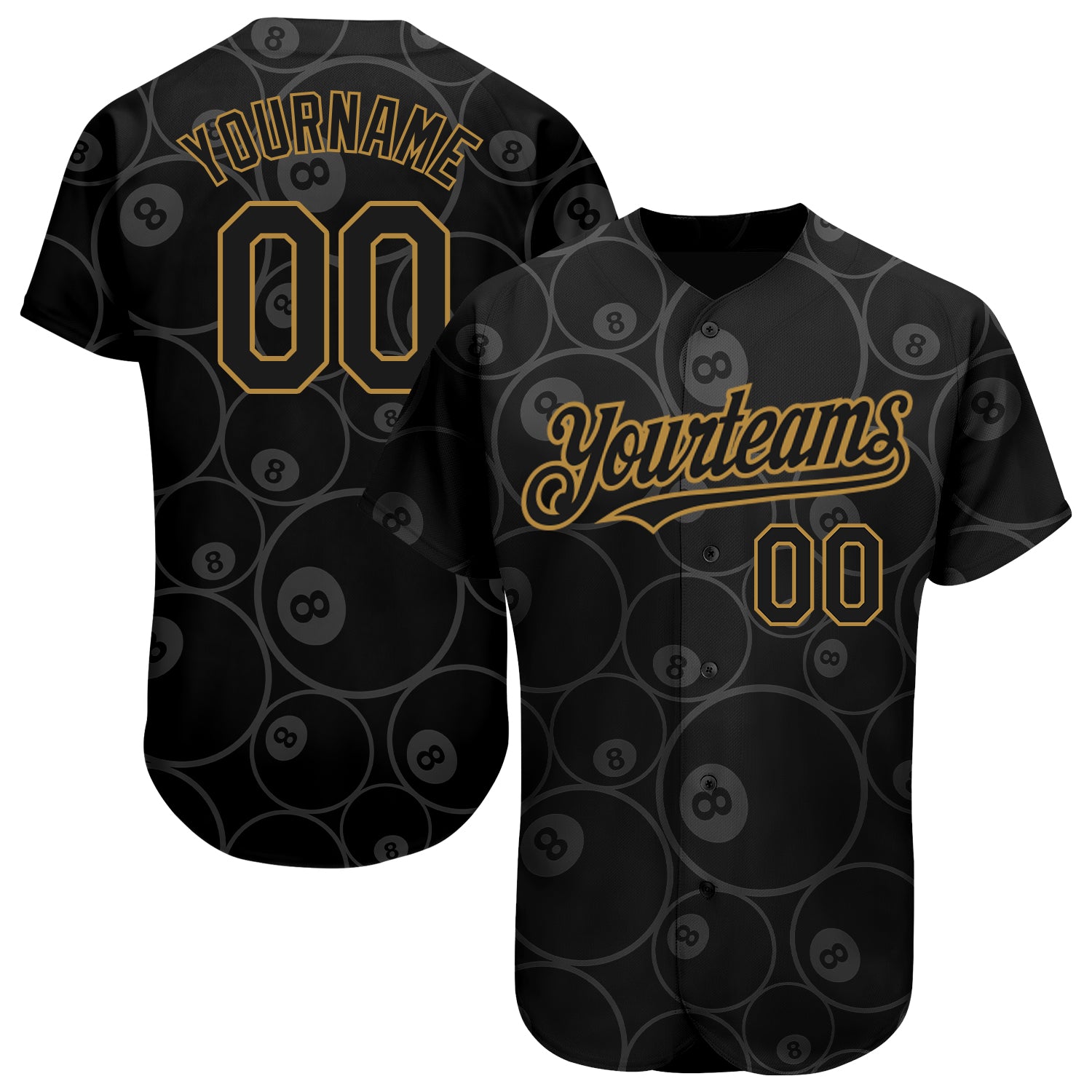 Custom Name & Number Personalized 3D Pattern Black & Old Gold Billiards Snooker Jersey - 8 Ball Baseball Team Personalized