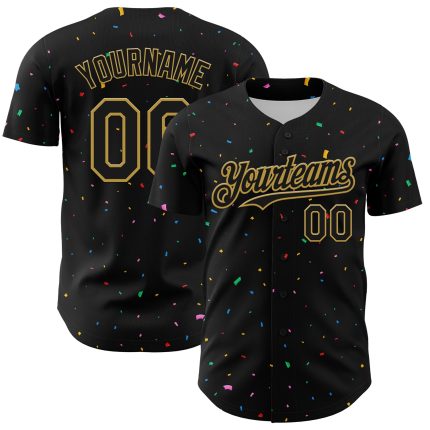 Personalized Custom Name and Number Black Old Gold 3D Confetti Baseball Jersey Personalized Black Old Gold 3D Pattern Design