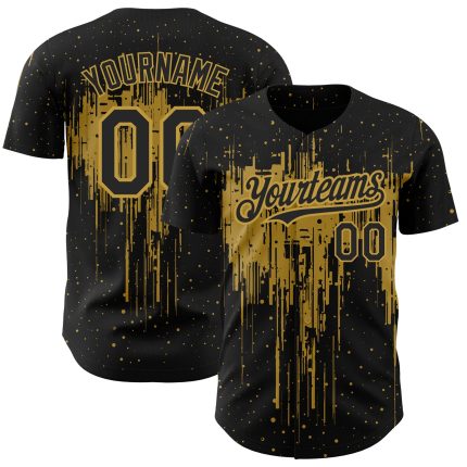 Custom Name and Number Baseball Jersey - Personalized Black and Gold 3D Dripping Splatter Art Design Personalized Black Old