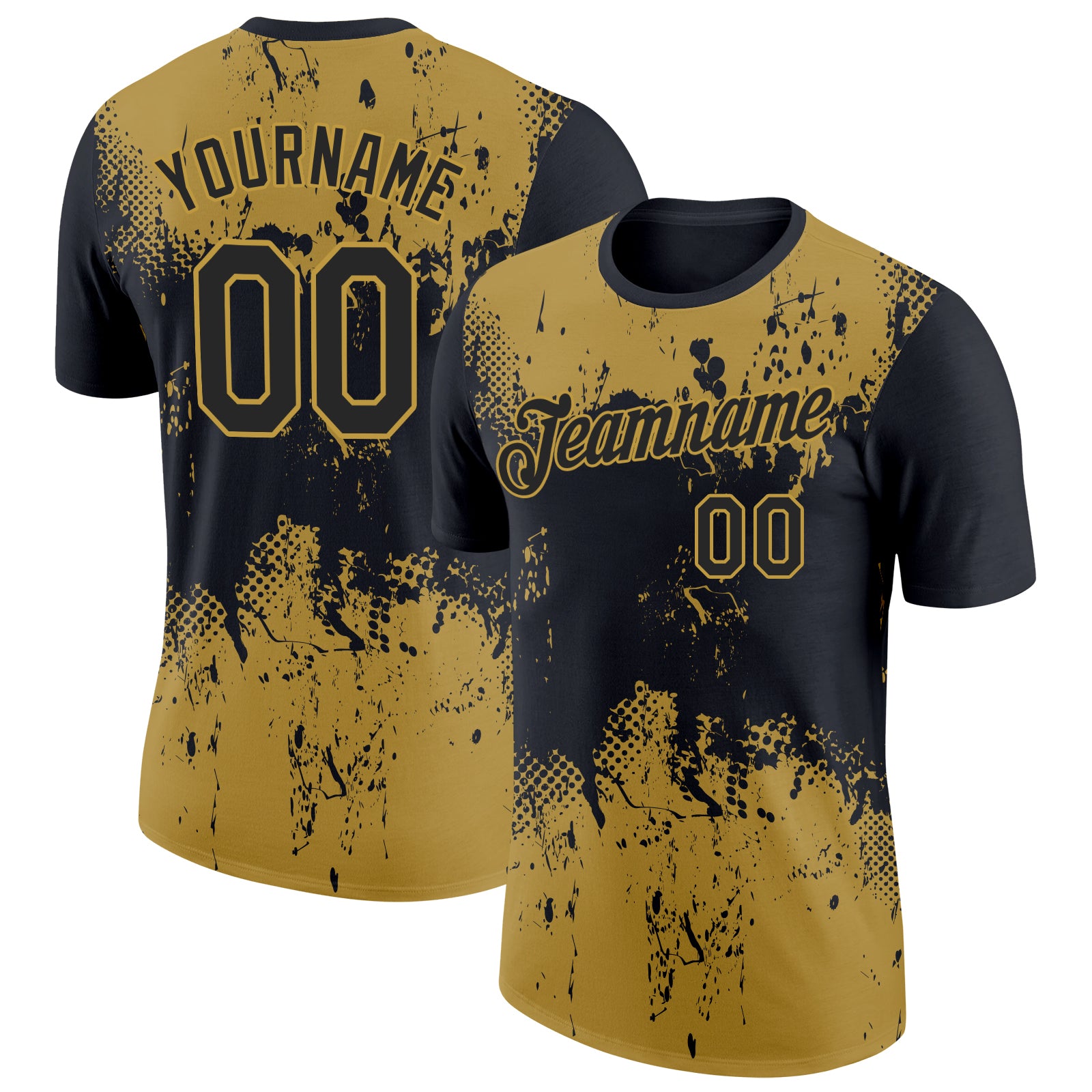 Personalized Black Gold 3D Dripping Splatter Art T-Shirt for Performance Personalized Black Old Gold 3D Pattern Design Dripping