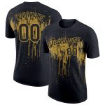Custom Name and Number Performance T-Shirt - Personalized Black and Old Gold 3D Dripping Splatter Art Design Personalized