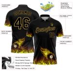 Custom Name Number Polo Shirt - Black Old Gold 3D Pattern Flame Billiards Performance 8 Ball Team Shirt Personalized Black
