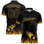 Custom Name Number Polo Shirt - Black Old Gold 3D Pattern Flame Billiards Performance 8 Ball Team Shirt Personalized Black