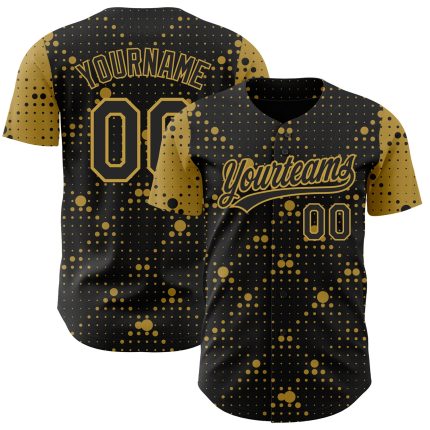 Custom Name Number Authentic Baseball Jersey - Personalized Black Old Gold 3D Geometric Halftone Dots Design Personalized