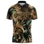 Personalized Tropical Leaves Golf Polo Shirt with 3D Black Gold Pattern, Custom Name & Number, Jungalow & Hawaii Style Personalized