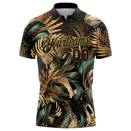 Personalized Tropical Leaves Golf Polo Shirt with 3D Black Gold Pattern, Custom Name & Number, Jungalow & Hawaii Style Personalized