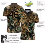 Personalized Tropical Leaves Golf Polo Shirt with 3D Black Gold Pattern, Custom Name & Number, Jungalow & Hawaii Style Personalized
