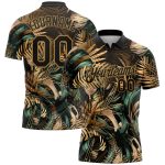 Personalized Tropical Leaves Golf Polo Shirt with 3D Black Gold Pattern, Custom Name & Number, Jungalow & Hawaii Style Personalized