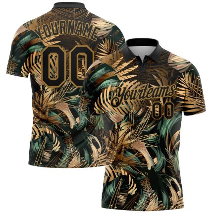 Personalized Tropical Leaves Golf Polo Shirt with 3D Black Gold Pattern, Custom Name & Number, Jungalow & Hawaii Style Personalized