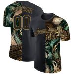 Custom Name and Number Tropical Leaves Performance T-Shirt - Personalized Black and Gold 3D Jungalow and Hawaii Design Personalized