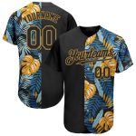 Custom Name and Number Baseball Jersey with 3D Black Gold Tropical Leaves Design - Personalized Hawaii Style Personalized