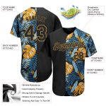 Custom Name and Number Baseball Jersey with 3D Black Gold Tropical Leaves Design - Personalized Hawaii Style Personalized