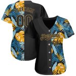 Custom Name and Number Baseball Jersey with 3D Black Gold Tropical Leaves Design - Personalized Hawaii Style Personalized