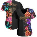Personalized Hawaii Tropical Baseball Jersey with Black and Gold 3D Palm Leaves Design Personalized Black Old Gold 3D Pattern
