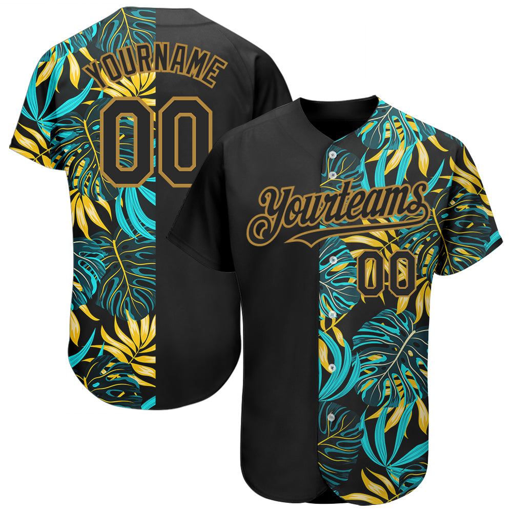 Custom Name and Number Authentic Baseball Jersey - Personalized Black Old Gold 3D Pattern Tropical Palm Leaves Design Personalized