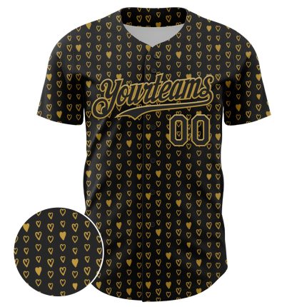 Personalized 3D Pattern Hearts Baseball Jersey Custom Name and Number - Black Old Gold Team Apparel Personalized Black Old