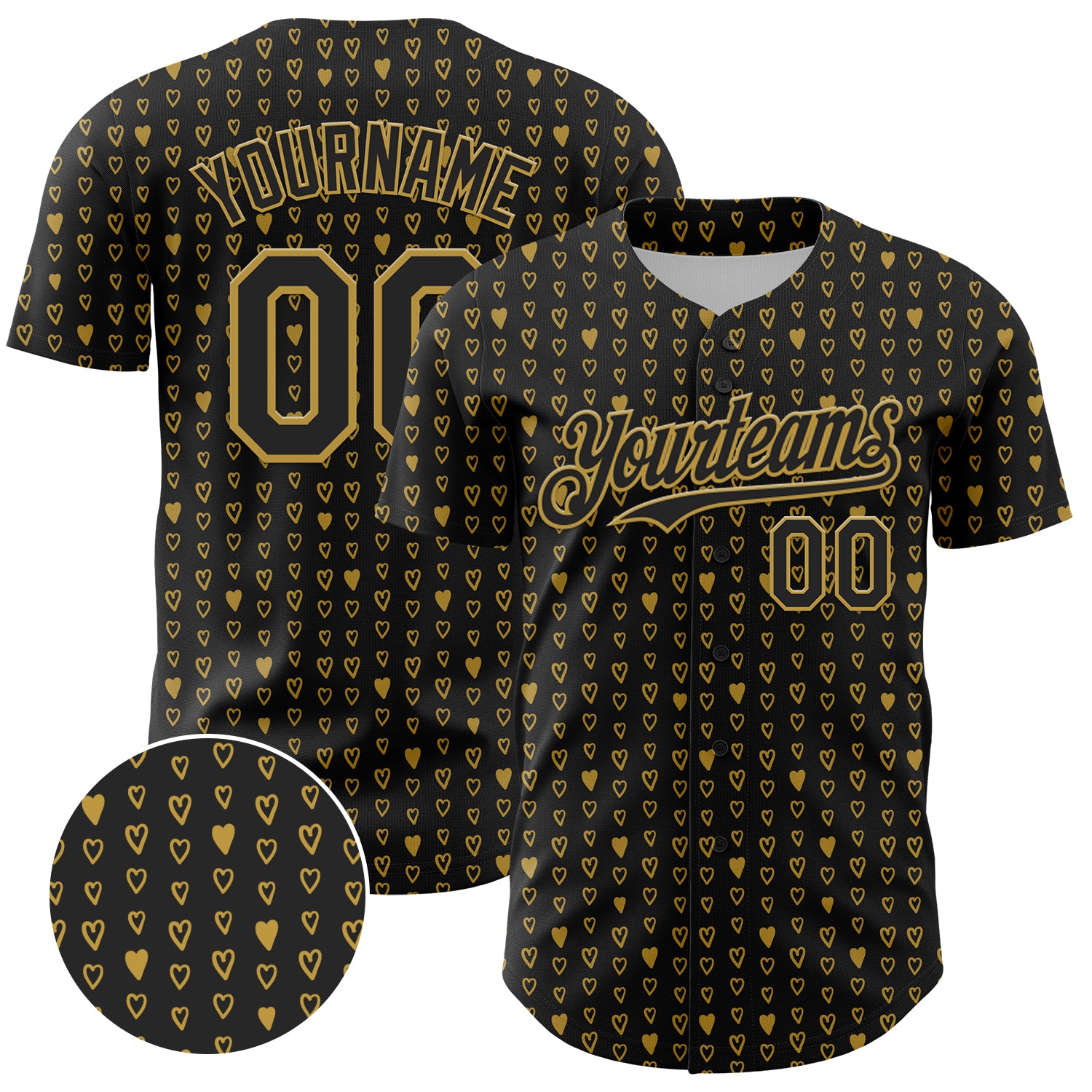 Personalized 3D Pattern Hearts Baseball Jersey Custom Name and Number - Black Old Gold Team Apparel Personalized Black Old