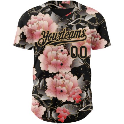 Custom Name & Number Northeast China Big Flower 3D Pattern Black & Gold Authentic Baseball Jersey Personalized Black Old