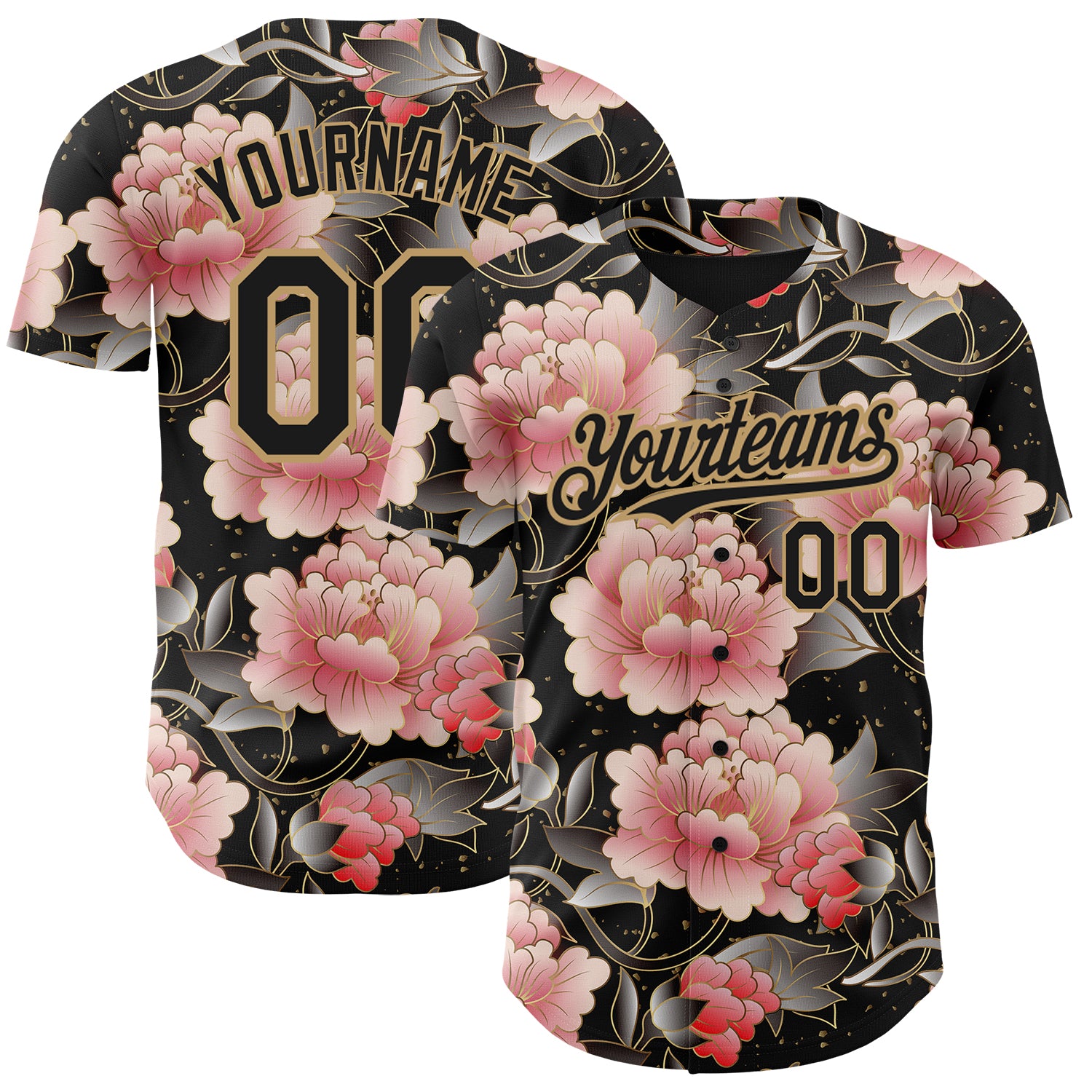 Custom Name & Number Northeast China Big Flower 3D Pattern Black & Gold Authentic Baseball Jersey Personalized Black Old