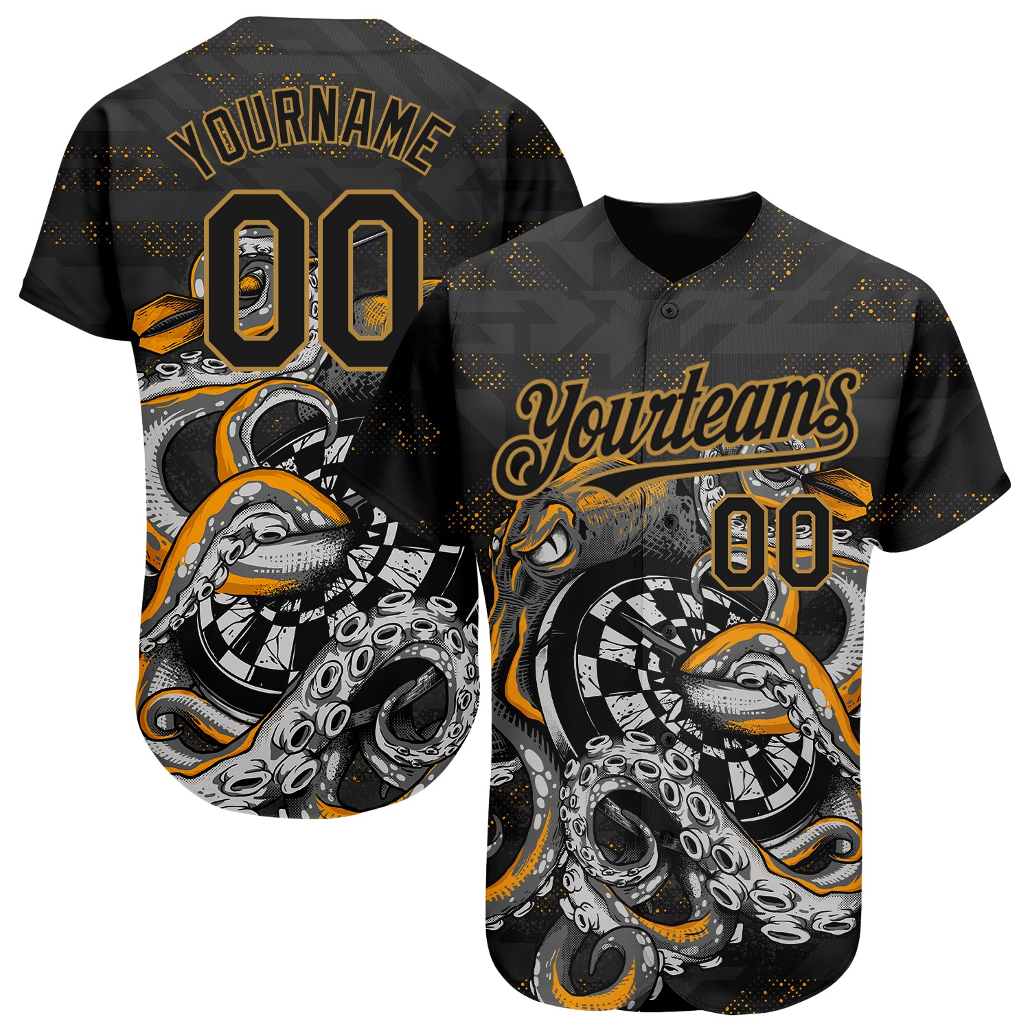 Custom Name and Number Baseball Jersey with Black Old Gold Octopus 3D Pattern Design for Dart Board - Authentic Team Apparel
