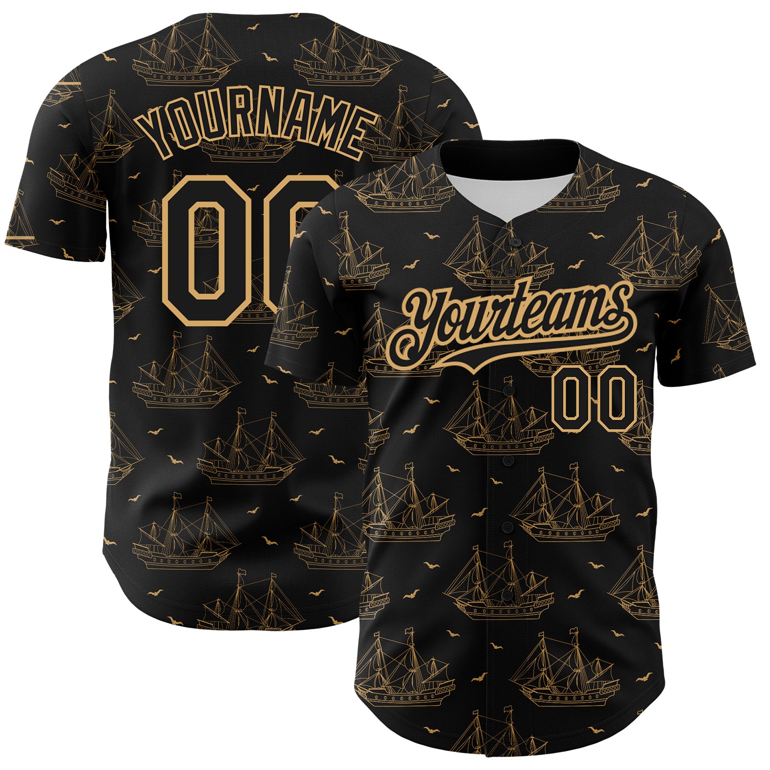 Personalized Authentic Baseball Jersey with Black Old Gold 3D Ship Frigate Pattern Design, Custom Name and Number, Seagulls