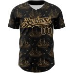 Personalized Authentic Baseball Jersey with Black Old Gold 3D Ship Frigate Pattern Design, Custom Name and Number, Seagulls