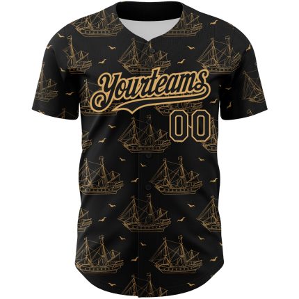 Personalized Authentic Baseball Jersey with Black Old Gold 3D Ship Frigate Pattern Design, Custom Name and Number, Seagulls