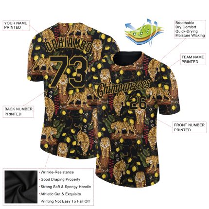 Personalized Tiger Performance T-Shirt with Black and Old Gold 3D Pattern Design Personalized Black Old Gold 3D Pattern Design