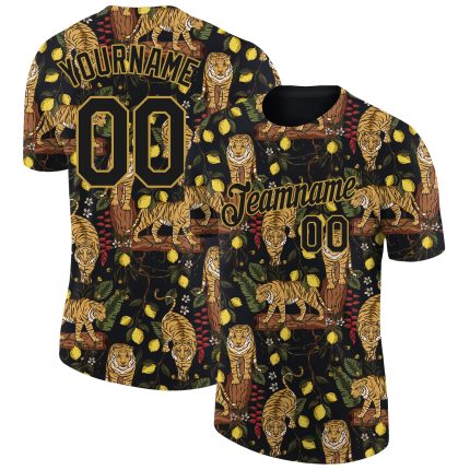 Personalized Tiger Performance T-Shirt with Black and Old Gold 3D Pattern Design Personalized Black Old Gold 3D Pattern Design