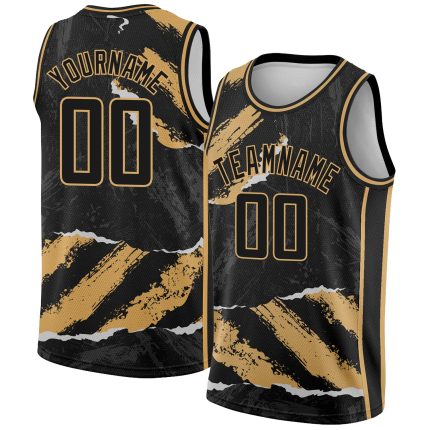 Custom Basketball Jersey with Personalized Name, Number, Black and Gold 3D Torn Paper Design Personalized Black Old Gold