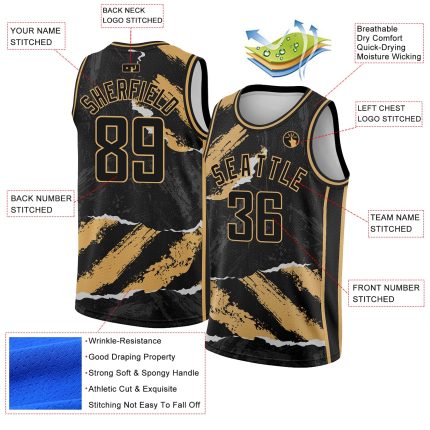 Custom Basketball Jersey with Personalized Name, Number, Black and Gold 3D Torn Paper Design Personalized Black Old Gold