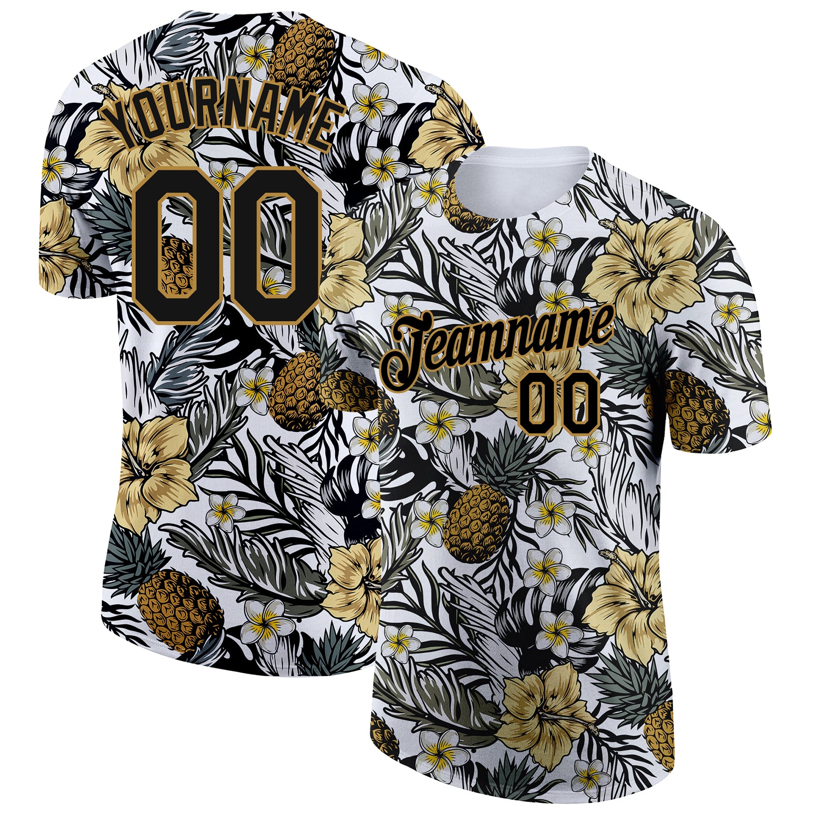 Custom Name & Number Tropical Plant Pineapples T-Shirt - Personalized Black & Gold 3D Pattern Design Performance Tee Personalized