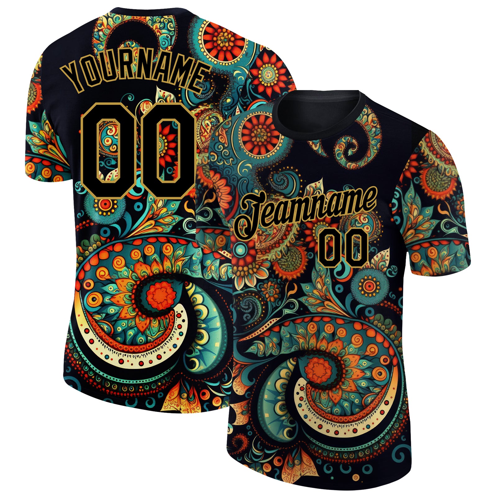 Custom Name & Number Floral 3D Pattern Performance T-Shirt - Personalized Black & Old Gold Design Personalized Black Old