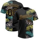 Custom Name and Number Softball Jersey, Personalized 3D Pattern Hawaii Palm Leaves & Animal Print, Unisex, Black/Old Gold