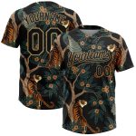 Custom Name and Number Personalized Black Gold 3D Tiger Peacock Unisex Softball Jersey - Two-Button Design Personalized Black
