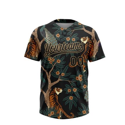 Custom Name and Number Personalized Black Gold 3D Tiger Peacock Unisex Softball Jersey - Two-Button Design Personalized Black