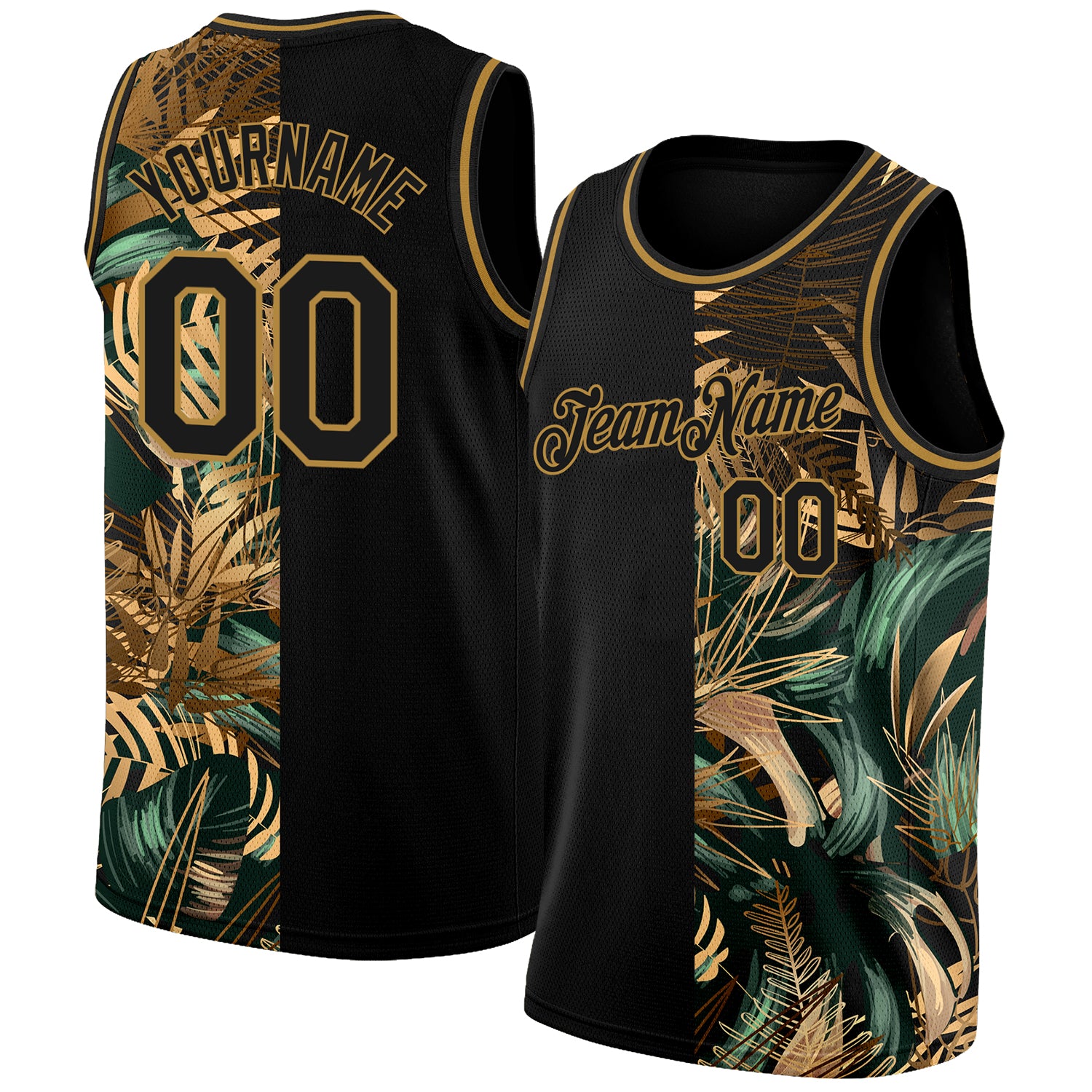 Personalized Black Old Gold Tropical Hawaii Palm Leaves 3D Pattern Basketball Jersey Personalized Black Old Gold 3D Pattern